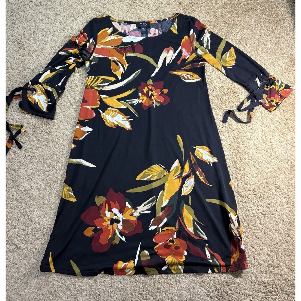 MSK Midi Shift Dress Women Petite Small Floral‎ 3/4 Sleeve 70's
